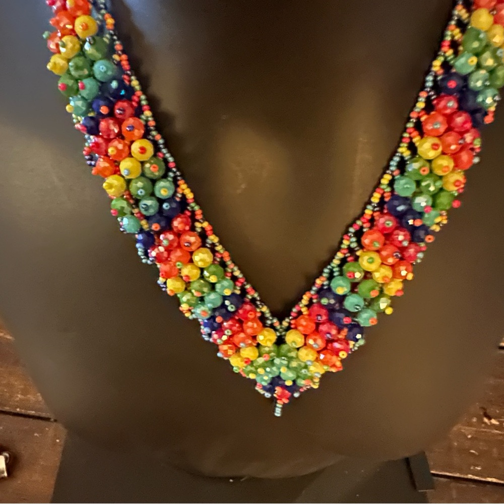 Multicolored Handmade Beaded Chaquira Necklace V-Shaped Statement Boho Choker - Picture 3 of 14